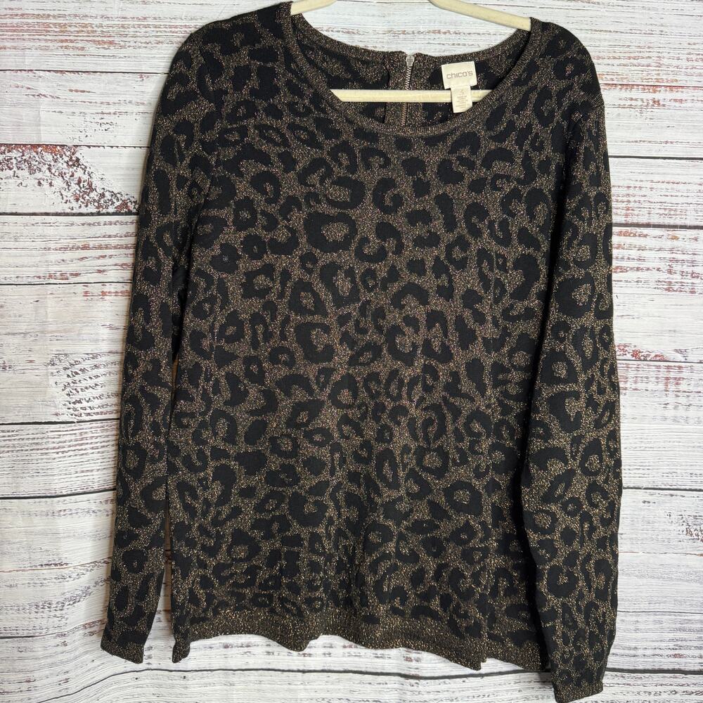 Chico’s Size 3 Metallic Leopard Sweater Black Gold Shimmer US XL